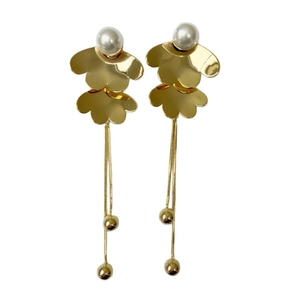 Elegant 18K gold plated flower earrings with long tassels and pearls on white background