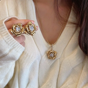 Vintage Rosenblüten Schmuck Mit 925 Sterling Silber Ohrstecker Matt Gold Kupfer Zirkon Französisch Retro Halskette Ohrringe Für Damen