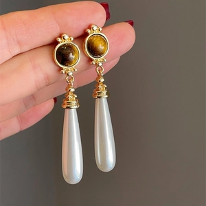 Elegant 925 silver long drop earrings with white teardrop pearls and turquoise stone