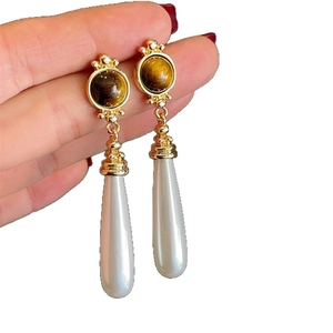 Elegant 925 silver needle drop earrings with pearl pendants and tiger eye stone
