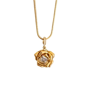 Halskette im Vintage-Stil mit goldener Rose, Zirkonia und funkelndem Schlangenkettenanhänger