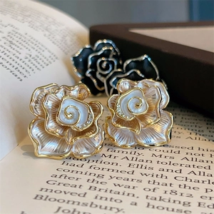 Vintage Camellia Flower Stud Earrings Alloy Enamel With 925 Sterling Silver Earring Post Rhinestone Elegant For Women