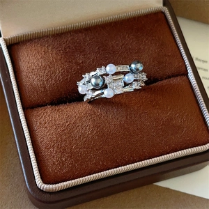 French style star zircon multi-layer open ring with white and grey pearls in a gift box