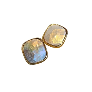 Retro 925 silver square stud earrings with natural white mother-of-pearl and gold frame