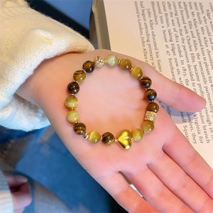 Bracelet Perlé En Pierre D'Oeil De Tigre Naturelle Avec Pendentif Coeur Plaqué Or Zircon Incrusté Bijoux Minimalistes Pour Femmes