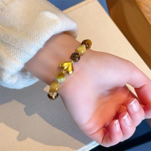 Bracelet en perles d'oeil de tigre naturel avec pendentif coeur plaqué or 18 carats