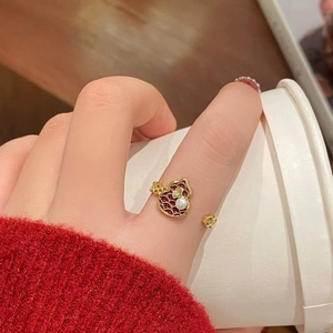 Adjustable Copper Ring Red Enamel Wu Lou Gourd Artificial Pearl Zircon Vintage Retro New Chinese Style Women Jewelry