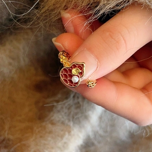 Vintage red gourd open ring in gold finish with pearl accent for a neo-Chinese style look
