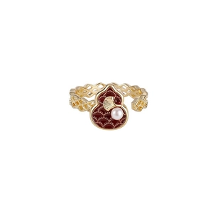 Vintage Chinese style gold gourd open ring with red enamel, ginkgo leaf and pearl inlay