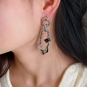 Retro Geometric Dangle Earrings Alloy Artificial Gemstone With 925 Sterling Silver Earring Post Irregular Chain Design