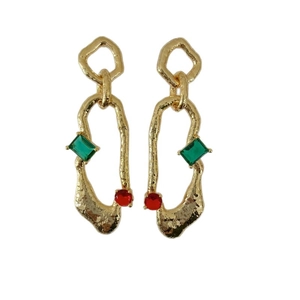 Artistic irregular gold drop earrings with red and green gemstones in lava texture