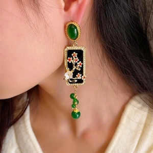 Vintage Chinese style floral earrings with 925 silver needles and green beads