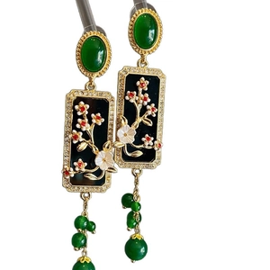 S925 Silver Vintage Chinese Flower Earrings with Green Gemstones and Floral Tassels