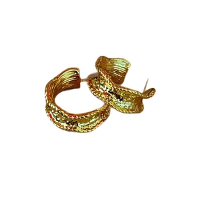 Golden chunky irregular C-shaped hoop earrings with hammered metal texture for women