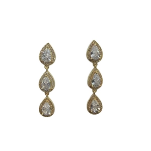 Sparkling triple teardrop zircon drop earrings with gold finish for formal party
