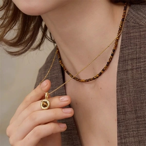 Retro Double Layer Necklace Tiger Eye Agate Copper Beads Round Pendant Zircon Elegant Autumn Winter Sweater Jewelry Women