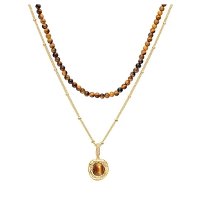 Double-layered tiger eye stone necklace with gold metal chain and crystal pendant