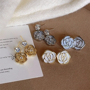 Boucles Oreilles Fleur Rose Camélia Avec Imitation Nacre Zircon Alliage Cuivre Clou Oreille Bijoux Français Élégants