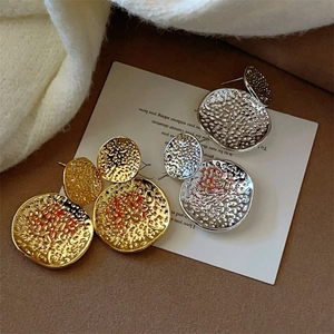 Abstract Hammered Texture Irregular Round Metal Drop Earrings Alloy With Copper Earring Post Vintage Style For Women