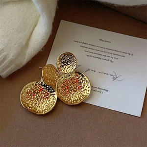 Textured gold-plated abstract irregular double circle drop earrings in vintage style