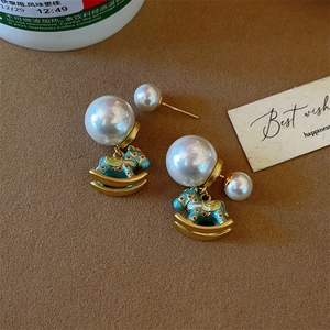Rocking Horse Enamel Drop Earrings With Faux Artificial Pearl And 925 Sterling Silver Earring Post Vintage For Women