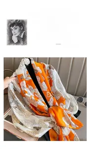 Détail d'un châle en soie à motif camélia avec finition satinée orange et blanc vif