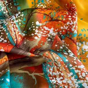 Elegant silk-like scarf with artistic forest oil painting print in orange and blue