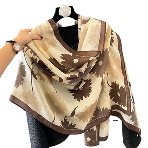 Écharpe en coton et lin à imprimé floral et châle chaud pour femmes avec bordure