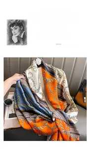 Detail view of retro chain print satin scarf with orange and blue geometric patterns
