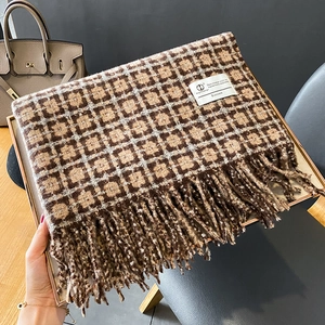 Vue détaillée de l'écharpe à carreaux style cachemire avec franges et étiquette