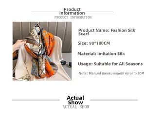 Detailed chart showing 90x180cm faux silk scarf with elegant chain pattern design