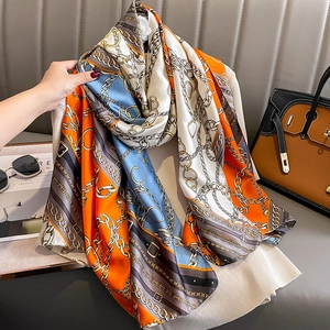 Women Scarf Shawl Faux Satin Elegant Chain Belt Print Versatile Color Block Retro Fashion Commuter Accessory