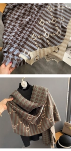 Detailed view of houndstooth scarf with fringe edge, knit letters, and heart patterns