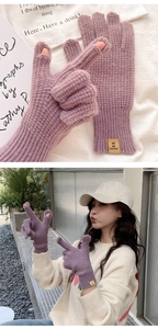 Macro detail of purple knit gloves showing waffle texture and fingerless touch screen design