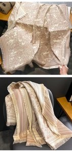 Detail eines Toile-de-Jouy-Schals mit Tigermuster, Fransen und Jacquard-Textur