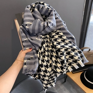 Houndstooth Faux Cashmere Scarf Shawl Double Sided Thick Warm Wrap With Tassel Fringe For Women Autumn Winter