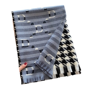 Houndstooth and striped cashmere shawl with letter D pattern and fringe edges