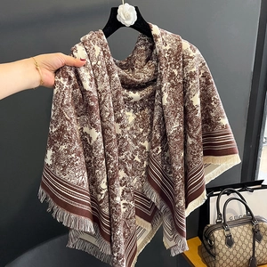 Großer Quadratischer Schal Für Damen Warm Kaschmirähnlich Retro Toile De Jouy Landschaft Blumendruck Dicker Quastenwickel