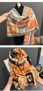 Detail of vintage horse print scarf with fringe edges and premium cashmere-like texture
