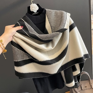Winter Scarf Shawl Imitation Cashmere Acrylic Geometric Color Block Pattern Tassels Warm Soft Thick Fashion For Women