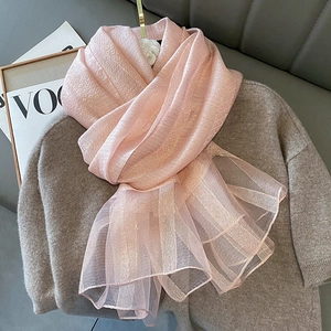 Winter Scarf Satin Wool Blend Warm Shawl Metallic Stripe Jacquard Pleated Organza Trim Elegant Fashion Women