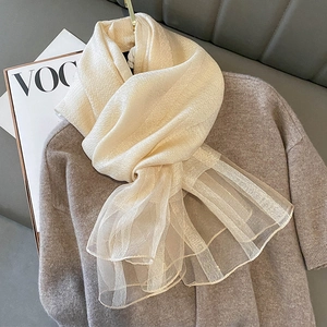 Elegant beige silk blend scarf with jacquard texture and organza pleated edges