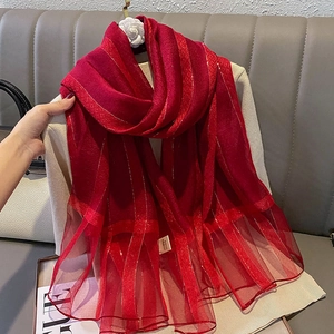 Red silk blend scarf with striped texture and pleated organza hem for women