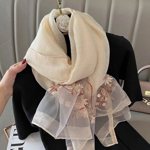 Elegant beige silk blend scarf with floral embroidery and organza hem for women