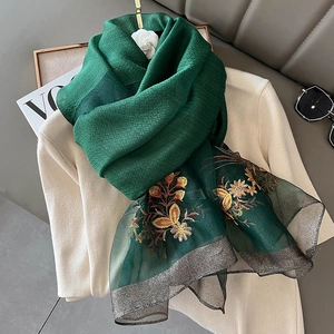 Dark green silk blend scarf featuring floral embroidery and elegant metallic gold trim