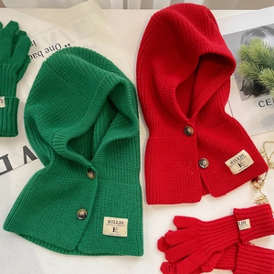 Cagoule Tricotée d'Hiver pour Femmes Écharpe à Capuche en Acrylique Épais Bonnet Chaud avec Boutons Couleur Unie Accessoires Décontractés d'Extérieur