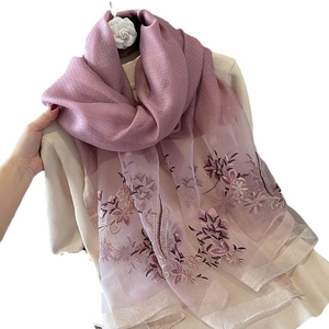 Elegant lavender silk blend scarf with floral embroidery and sheer tulle hem details