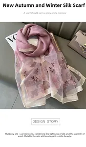 Vue détaillée d'une broderie florale sur une écharpe en soie et laine avec fil métallique