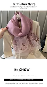 Détail d'une écharpe en soie et laine brodée avec motifs de fleurs et de papillons rose