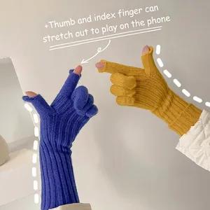 Blue and yellow knitted touchscreen gloves with thumb and index finger openings for phones